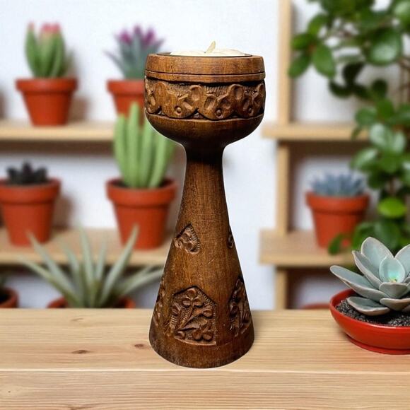Hand-Carved Wooden Tea Light Candle Holder Floral Design Signed Made in India - Picture 1 of 9